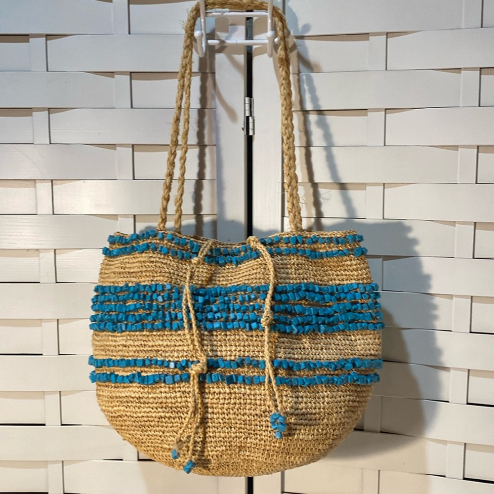 J.Crew | Straw handbag with turquoise beading market tote